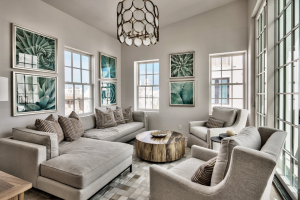 Alys Beach house casual living room with elegant lighting